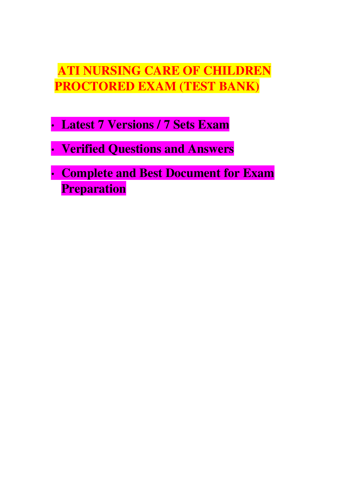 Preview of ATI RN Nursing Care of Children Proctored Exam (7 Latest Versions, 2020/2021) / ATI Nursin